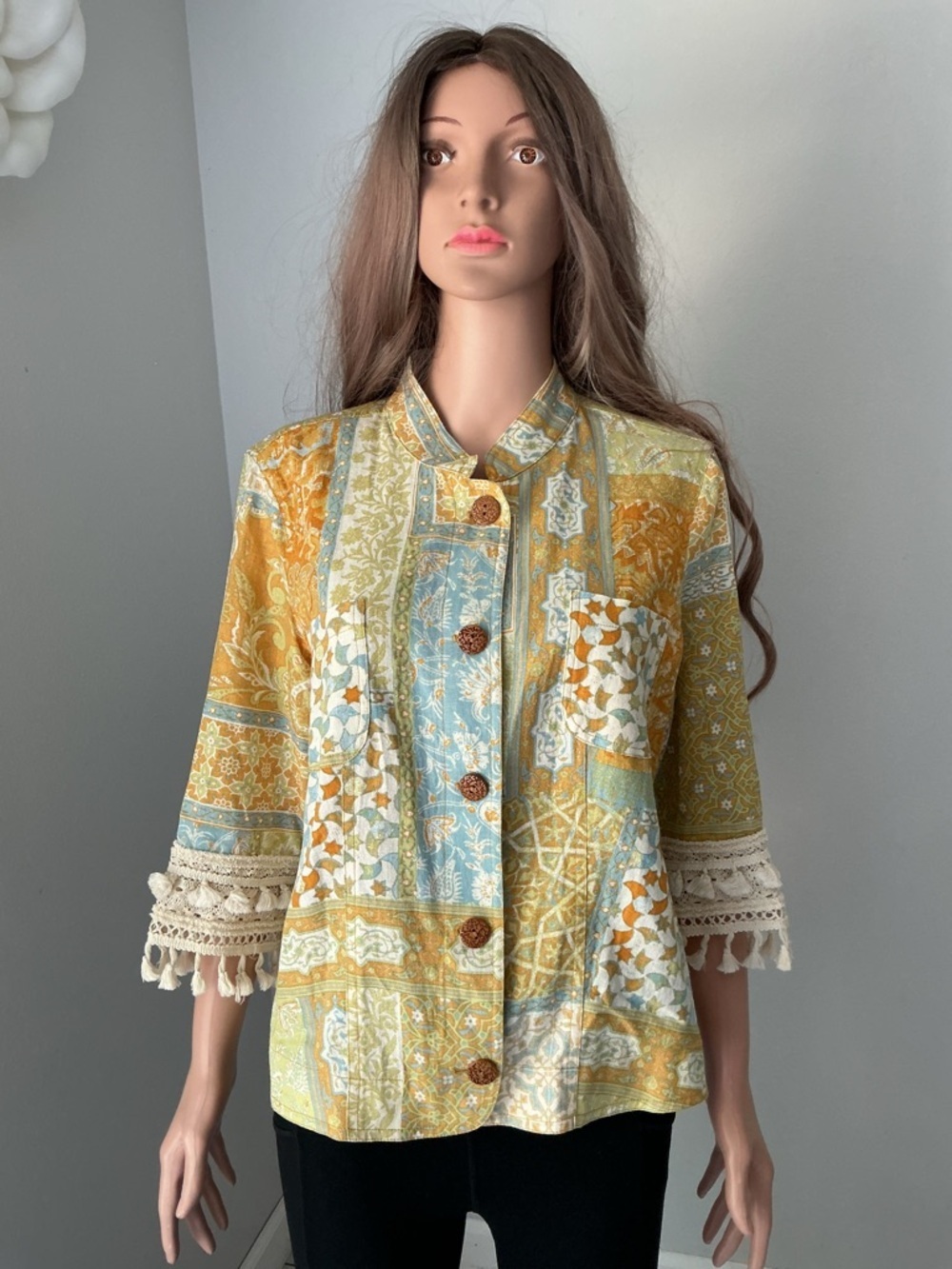 Multiples Womens Jacket PL Boho Hippie Tassels Patchwork Print Floral Geometric